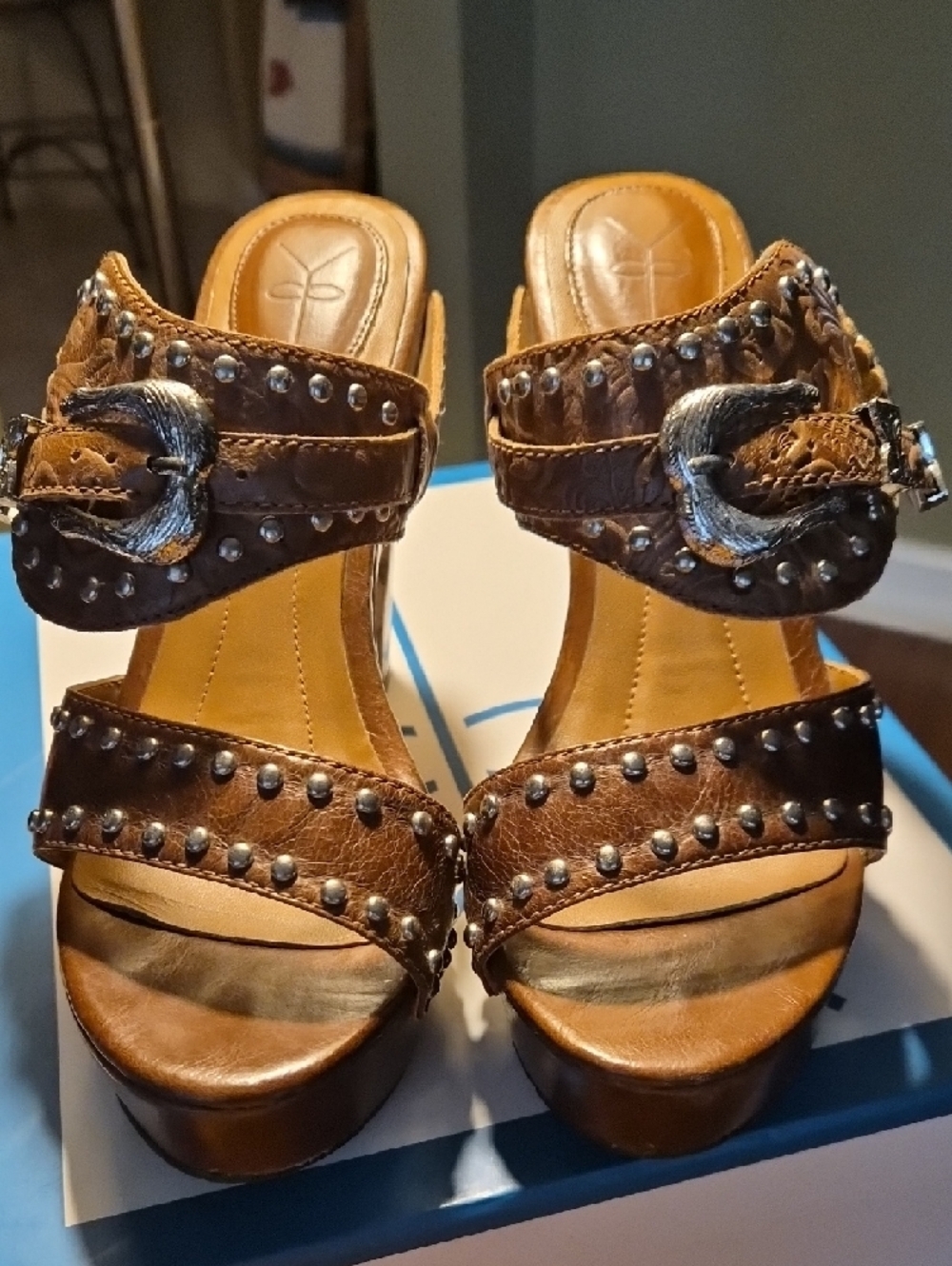 Brown Studded Platform Sandal with Decorative Concho - Picture 6 of 9